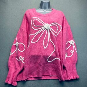 CHICSOUL.COM Pink Bow Applique 3D‎ coquette bubblegum Knit Sweater Plus Size 1XL